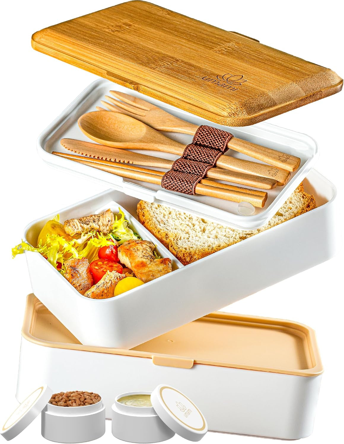 Cutie de prânz Umami pentru adulți, cutie bento stivuibilă etanșă cu 4 tacâmuri și compartimente, cutie de prânz pentru adulți, recipient pentru salată to-go, cutie de prânz pentru picnic / birou, gri cărbune, 1500 ml