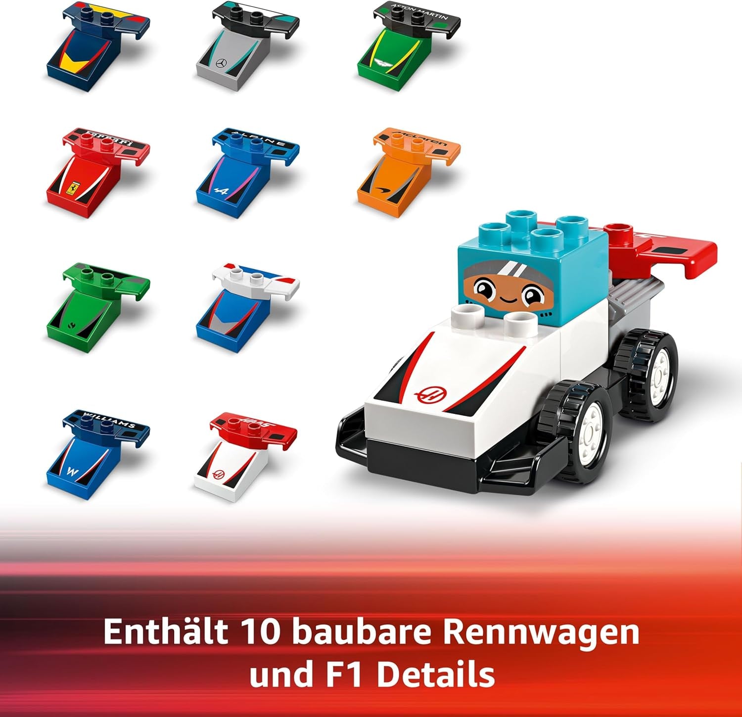 LEGO DUPLO Town F1 Team Rennautos mit Rennfahrern - Montessori Spielzeug für Mädchen & Jungen - Lernspielzeug für Kinder ab 2 Jahren - 10 Spielzeug Autos mit Kran, Startlichtern, Siegerpodest - 10445