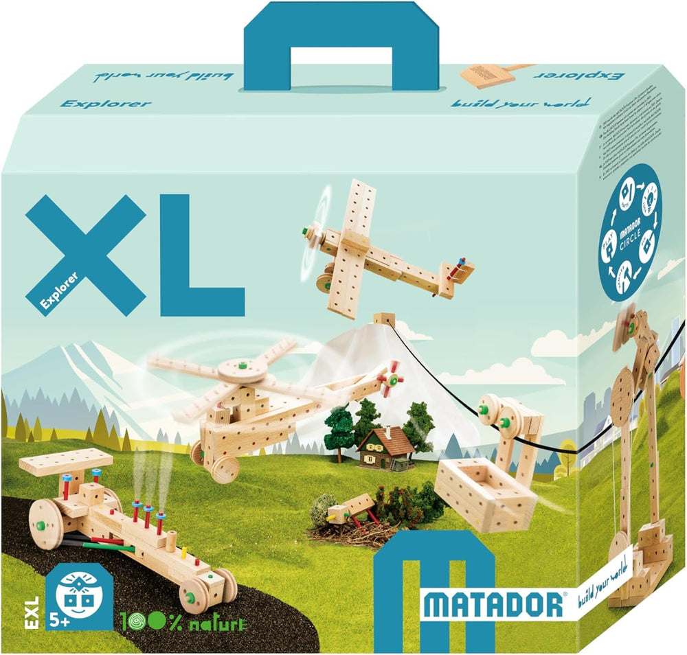 Matador Kinder Baukasten ab 5 Jahren 222-tlg. - Spannendes Holz Konstruktionsspielzeug zur Schulung von Kreativität und Feinmotorik, Bauspielzeug mit Stäbchen, Klötzen, Hammer & Zange