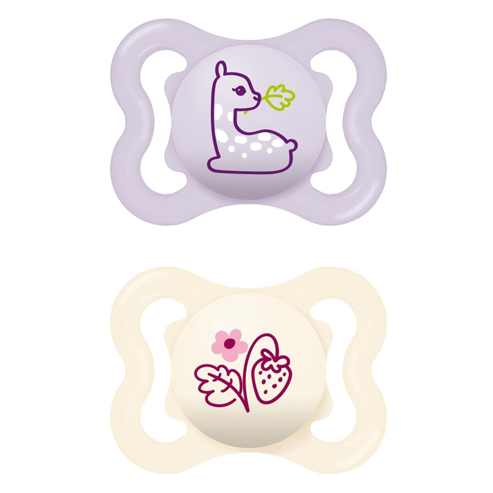 Suzete MAM Air din silicon, pachet de 2, design extra ușor și aerisit, suzetă pentru bebeluși prietenoasă cu dinții, fabricată din silicon special MAM SkinSoft, cu cutie pentru suzetă, 6-16 luni, Ursuleț/Rinocer