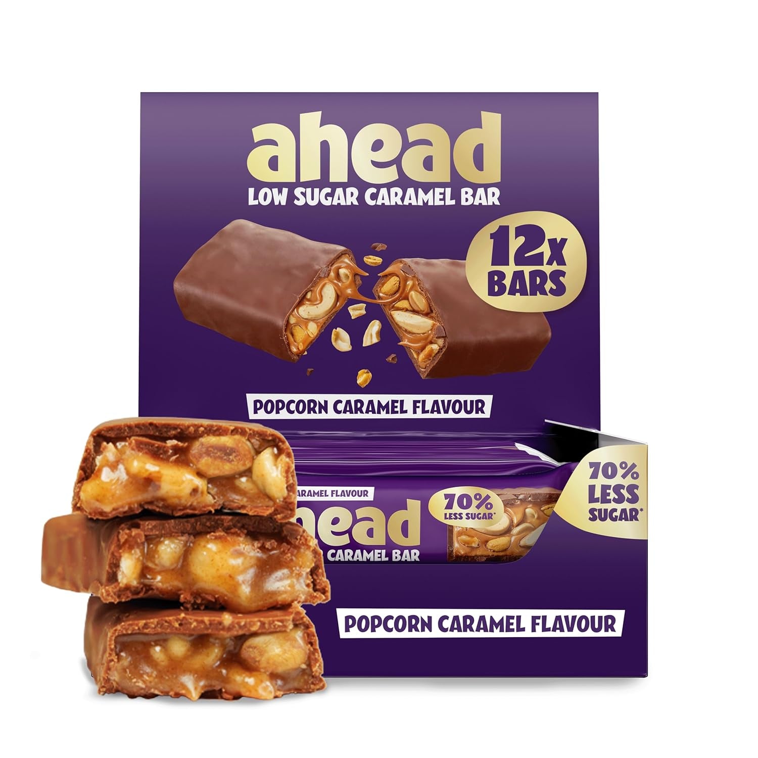 Batoane de ciocolată cu caramel și alune de pădure ahead | 12 batoane de ciocolată x 35 g fără zahăr adăugat | 1,9 g zahăr per baton | Aromă crocantă de alune de pădure și caramel | Dulciuri cu conținut scăzut de carbohidrați | Fără ulei de palmier