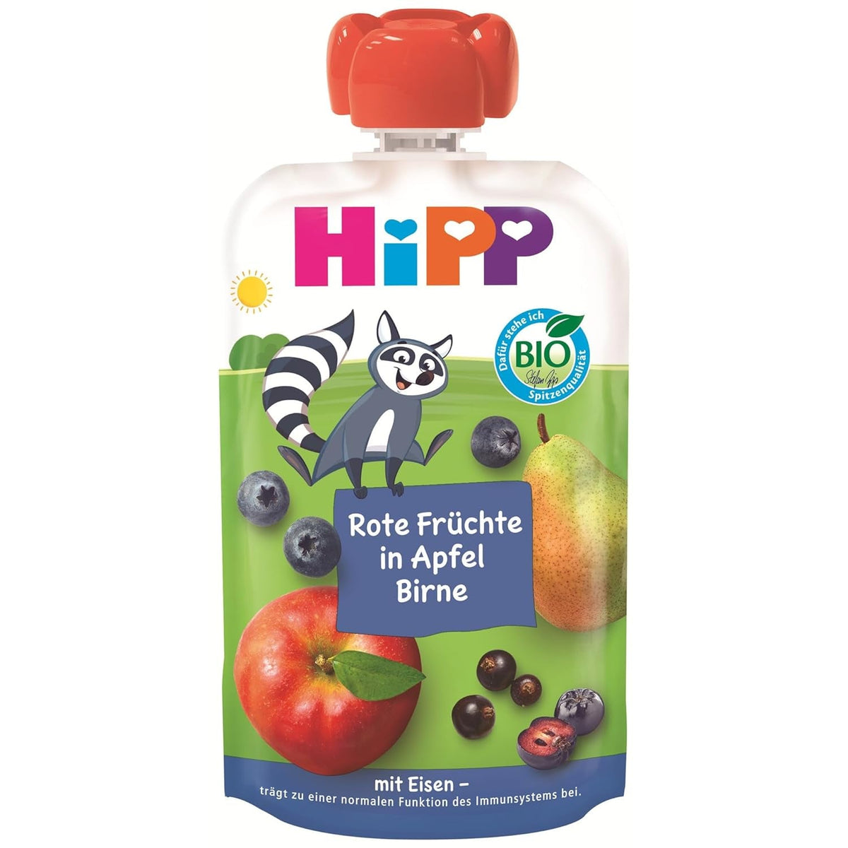 HiPP Bio Quetschie Frucht Plus Rote Früchte in Apfel Birne plus Eisen - Willi Waschbär (8 x 100g), ab 1 Jahr, 100% Fruchtpüree, ohne Zuckerzusatz, vegan, in bester Bio-Qualität