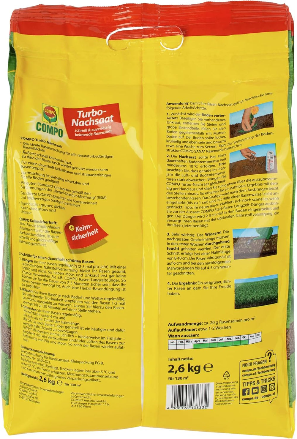 COMPO Turbo Nachsaat - Schnellkeimende Rasensaat - Premium Rasensamen Mit Keimsicherheit - 2,6Kg Für 130 M²