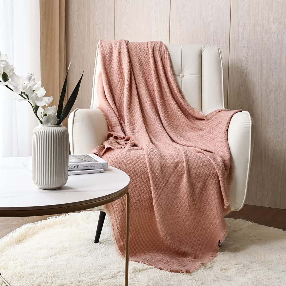 CREVENT Pătură tricotată din rugină pentru canapea, canapea, scaun, pat, decorațiuni interioare, moale, caldă, confortabilă, ușoară, pentru primăvară, vară, toamnă (127,8 X 152,4 cm Caramel / maro / portocaliu ars) Paturi si Cuverturi CREVENT Waffle roz