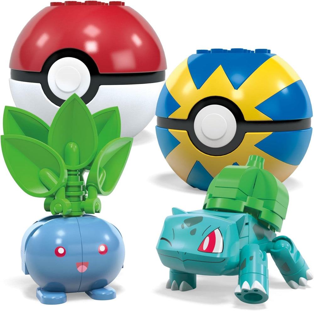 MEGA Pokémon Actionfigur-Bauspielzeug, Pflanze-Typ Trainerteam mit 118 Teilen, bewegliche Bisasam-, Chelast-, Hoppspross- und Myrapla-Figuren, Geschenkidee für Kinder, HWR77