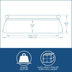 Set piscină supraterană Bestway Fast Set cu pompă de filtrare, Ø 396 x 84 cm, 7.340 litri, material TriTech cu 3 straturi, design grafic cu linii, autoasamblare, pompă de filtrare, cartuș de filtrare, plasture de reparare