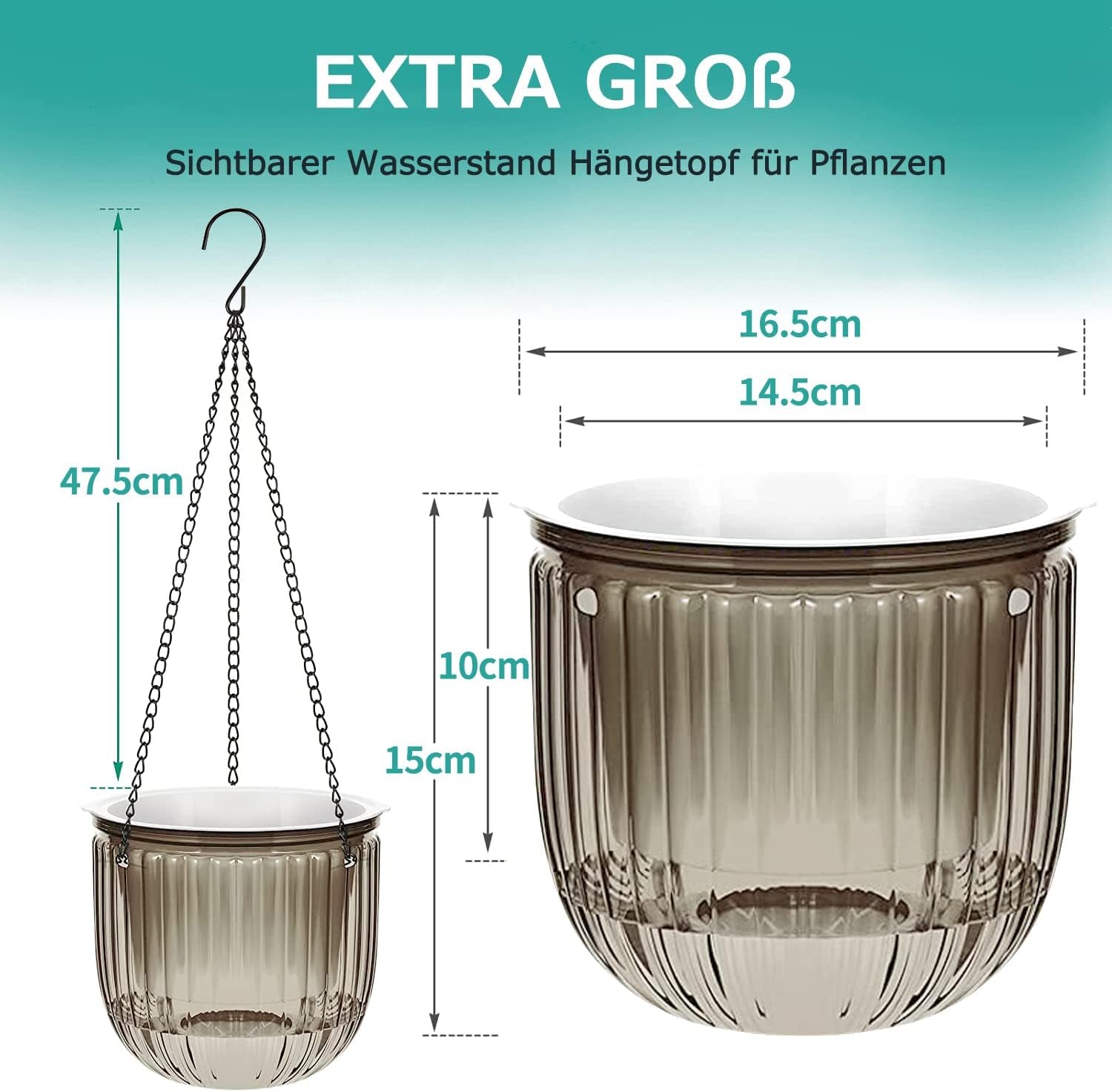 Set de 2 jardiniere suspendate cu auto-udare, ghivece de flori suspendate de interior de 16,5 cm cu 3 cârlige și găuri de drenaj pentru utilizare în interior și exterior, tavane, balcoane și decorațiuni de perete (gri)
