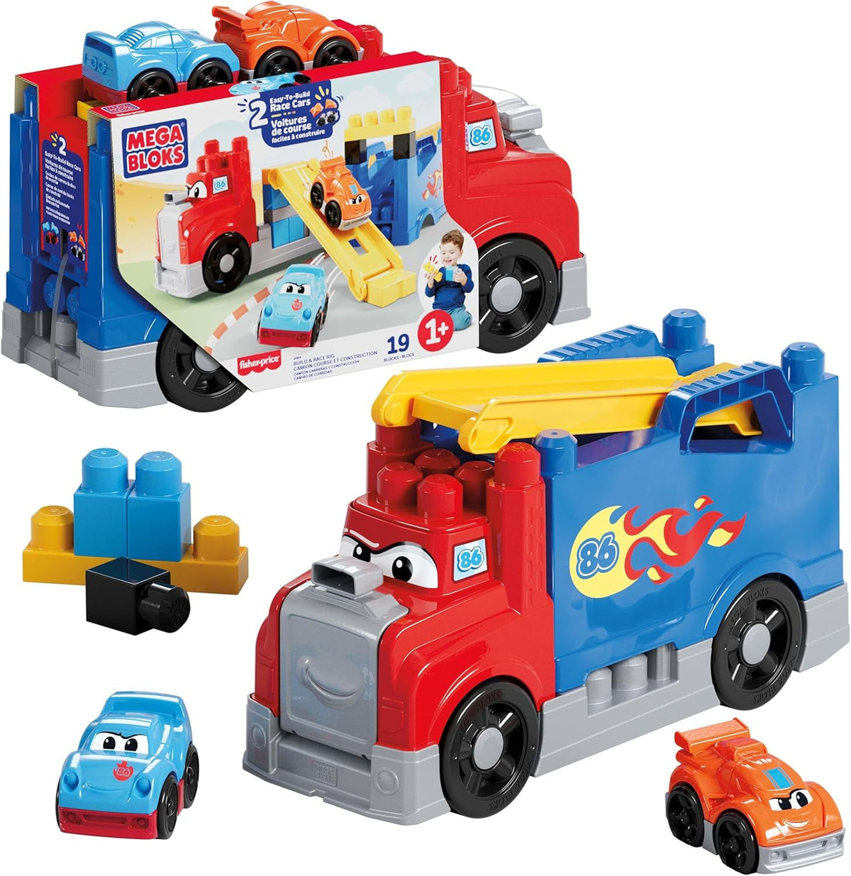 MEGA BLOKS-Bausteine Bausteinset für Kleinkinder, Fast Tracks Rennwagen-Transporter mit 19 Teilen, 2 Rennautos und Aufbewahrung, rot, ab 1 Jahr, JFR29
