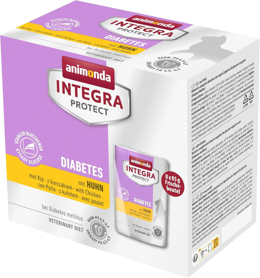 animonda INTEGRA PROTECT hrană umedă pentru pisici diabetice cu pui (8 x 85g), recomandată de medicii veterinari pentru diabet zaharat, hrană dietetică completă pentru pisici adulte, dezvoltată împreună cu medicii veterinari.
