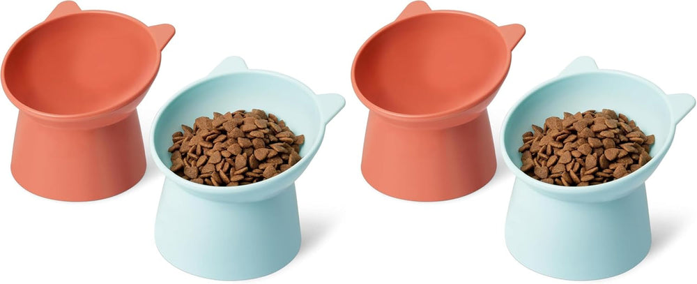Boluri pentru hrană pentru pisici Amazon Basics, formă de ureche de pisică, pachet de 2, 13,2 × 13,2 × 11,4 cm, portocaliu și albastru