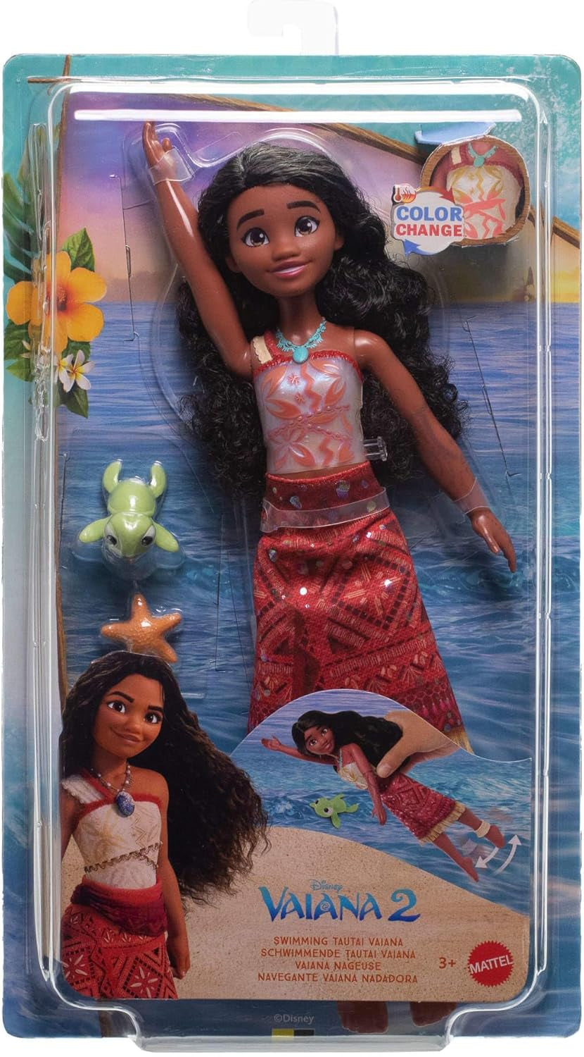 Mattel Spielzeuge aus Disney Vaiana 2, schwimmende Tautai Vaiana-Modepuppe mit 2 Zubehörteilen, Oberteil mit Farbwechsel und Beine für Schwimmbewegungen, vom Film inspiriert, JFF09