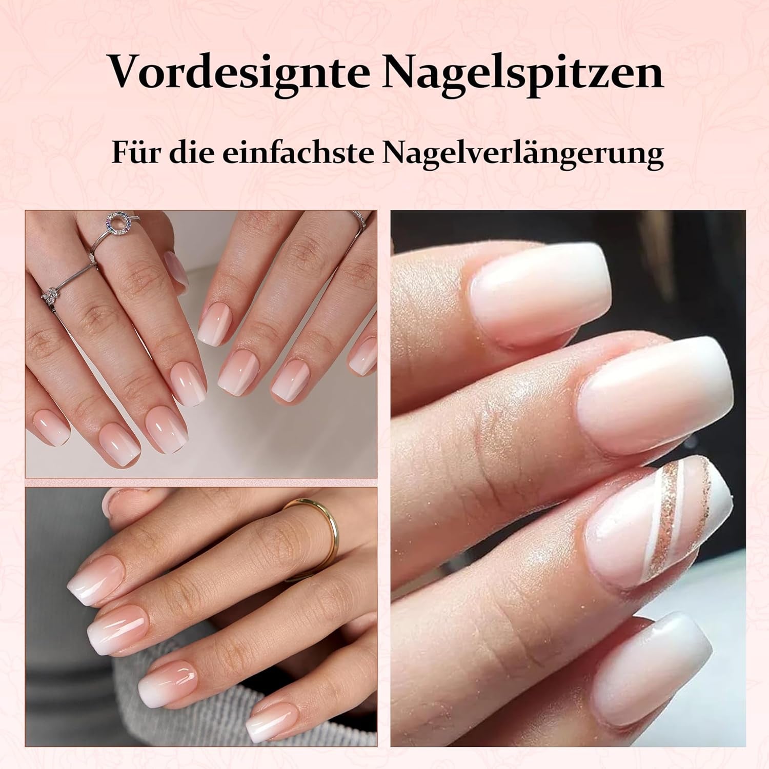 Set 240 de bucăți de unghii pătrate cu gradient, unghii artificiale alb nud cu gradient pentru lipire cu stilou cu ulei, unghii false naturale medii ombre pentru femei DIY (Nude Square)