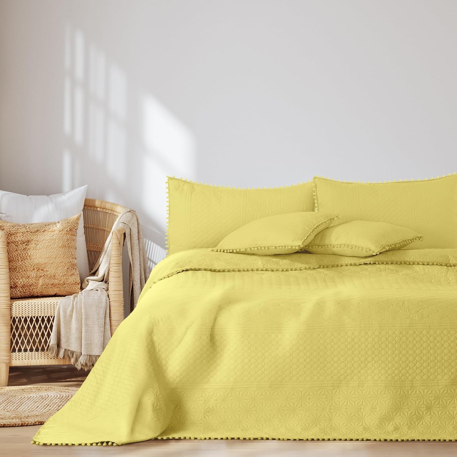 Ameliahome Cuvertură de pat cu pompoane 220X240 Cm Cuvertură de pat cu două fețe Ultrasonic Quilting Poliester Meadore Grey Paturi si Cuverturi Besuche den AmeliaHome-Store Meadore galben 220X240 Cm