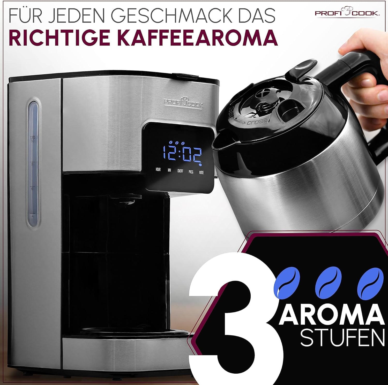 Cafetieră Profi Cook | 8-10 cești | Temporizator | Comenzi tactile cu senzor | Carafă termos cu pereți dubli de 1,2 litri | Sigiliu pentru aromă | Cafetieră cu filtru din oțel inoxidabil | PC-KA 1191