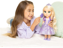 Disney Princess Rapunzel Puppe 35cm, reflektierende Glitzeraugen, bewegliche Gelenke, ausziehbares Kleid, Schuhe, Krone, langes Blondes Haar, für Mädchen ab 3 Jahren