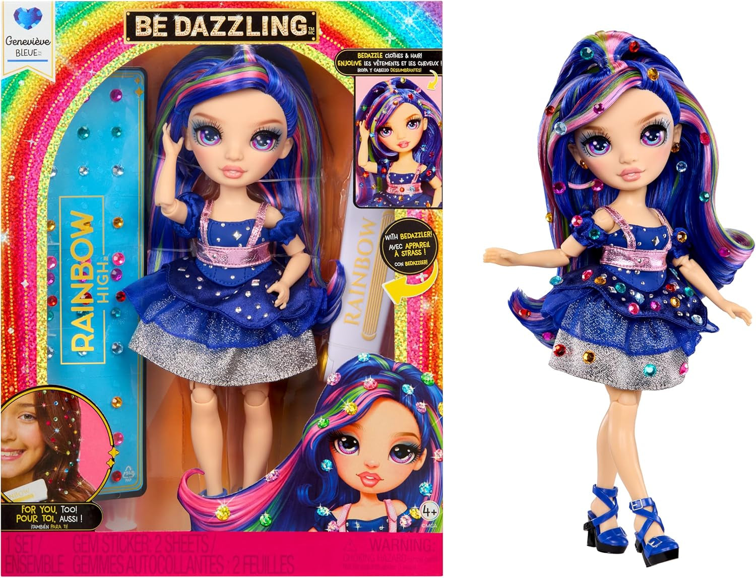 Rainbow High Be Dazzling – Genevieve Bleue – Păpușă de modă albastră, 28 cm, cu unealtă de decorat, pietre prețioase strălucitoare și accesorii de styling