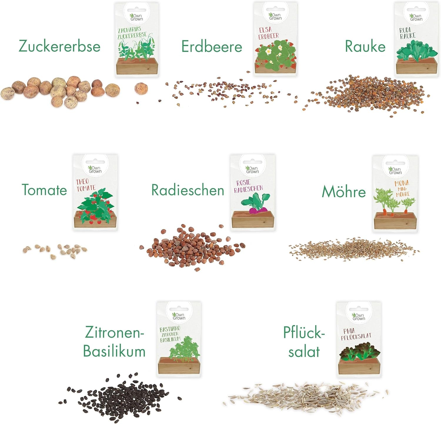 Kit de cultivare a semințelor cu cutie de lemn și 8 varietăți de semințe de plante: Kit de cultivare pentru copii cu semințe de legume, căpșuni și plante aromatice – Kit de început pentru mini seră și mini grădină de la OwnGrown