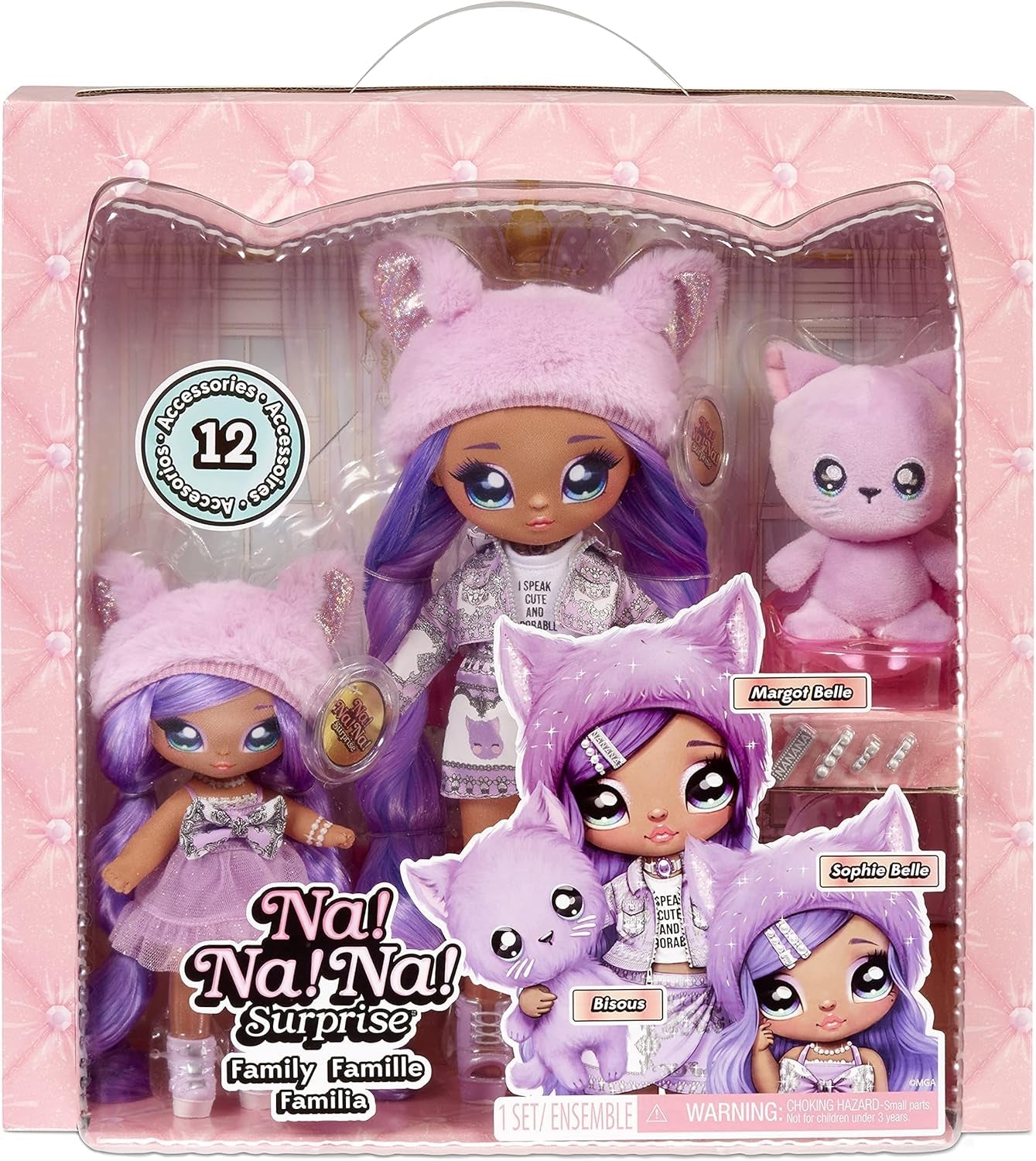 Na! Na! Na! SurpriseFamilie - 3er Set Plüschpuppen - 2 Modepuppen mit langen Haaren und 1 Haustier - Lavender Kitty Familie - 12 Accessoires und Outfits und ein niedliches Plüschkätzchen
