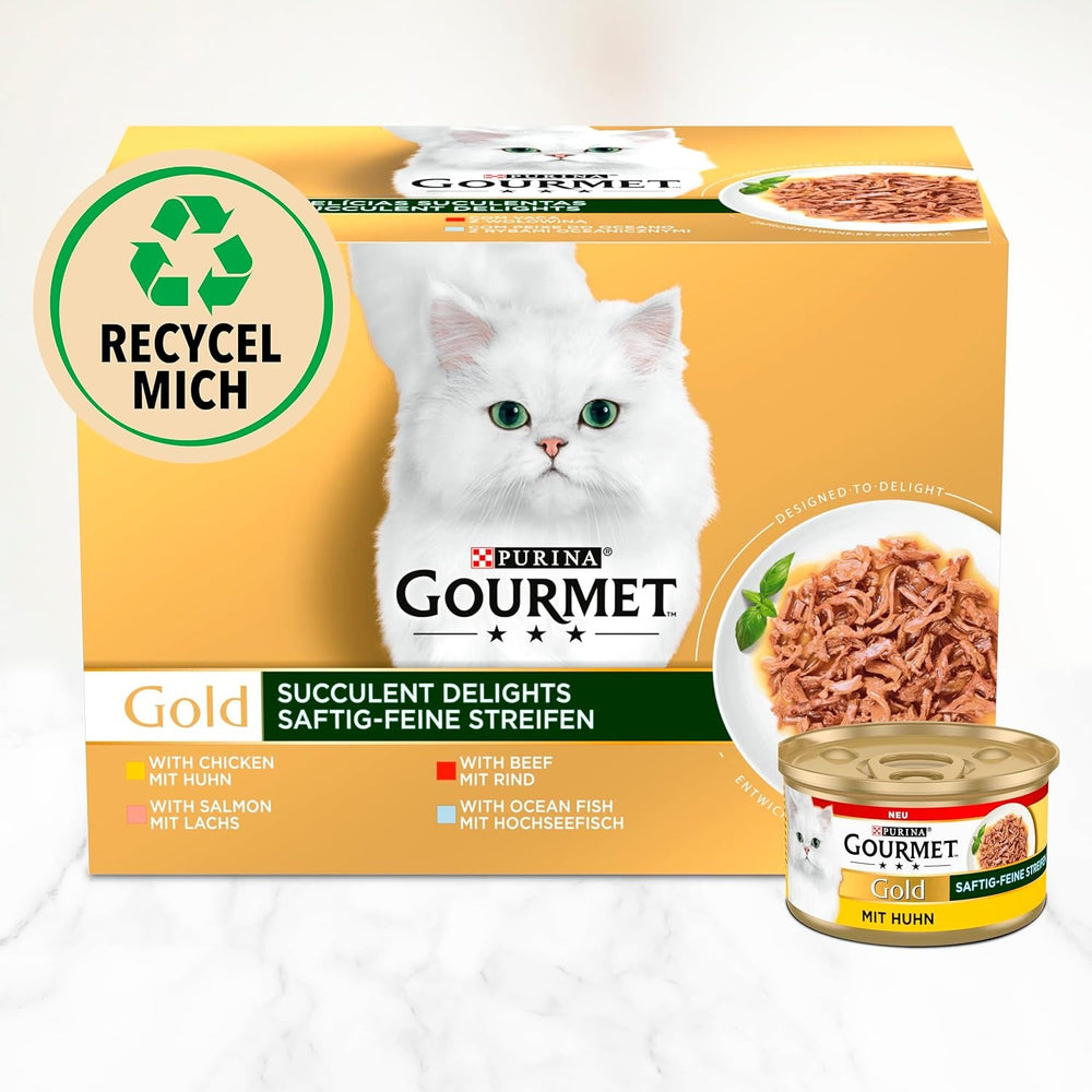 Gourmet Gold Succulent-Fâșii fine, hrană umedă pentru pisici cu pui, pachet de 12 (12 x 85g)