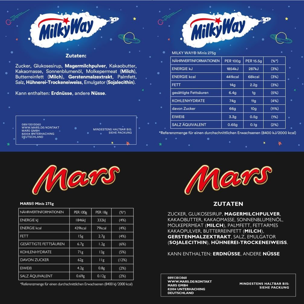 Pachet vrac cu mini ciocolată mixtă, 20 de mini gustări de ciocolată (Mars, Snickers, Bounty, Twix, Milky Way), ca bomboane, cadou de ciocolată, cutie de bomboane, 400g