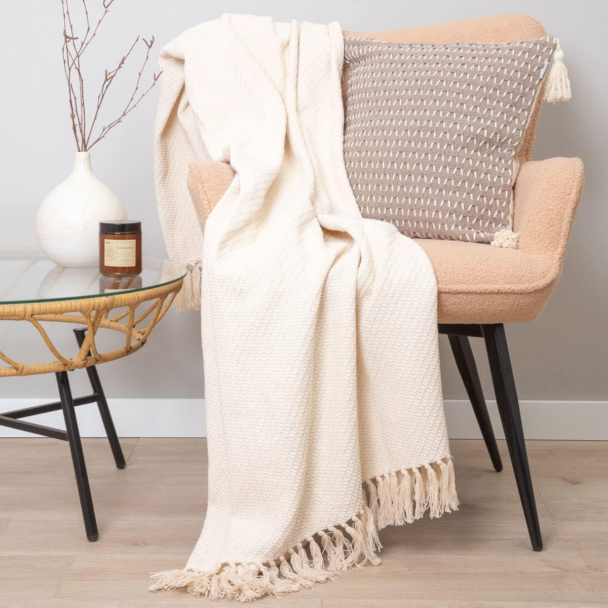 HOMLA Morris Plaid Pătură cu franjuri din bumbac - Pătură moale și confortabilă Pătură din bumbac - țesătură fină 130 X 170 Cm Ecru Paturi si Cuverturi Besuche den HOMLA-Store