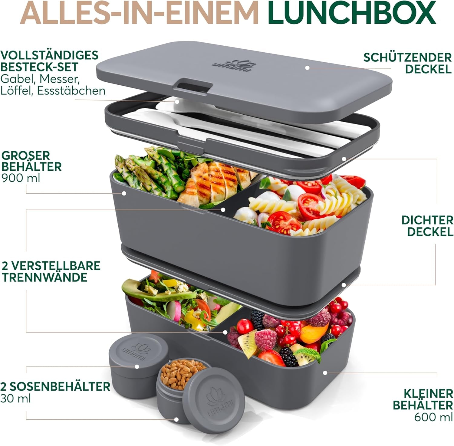 Cutie de prânz Umami pentru adulți, cutie bento stivuibilă etanșă cu 4 tacâmuri și compartimente, cutie de prânz pentru adulți, recipient pentru salată to-go, cutie de prânz pentru picnic / birou, gri cărbune, 1500 ml Cutii depozitare alimente Naty Shop