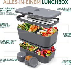 Cutie de prânz Umami pentru adulți, cutie bento stivuibilă etanșă cu 4 tacâmuri și compartimente, cutie de prânz pentru adulți, recipient pentru salată to-go, cutie de prânz pentru picnic / birou, gri cărbune, 1500 ml Cutii depozitare alimente Naty Shop