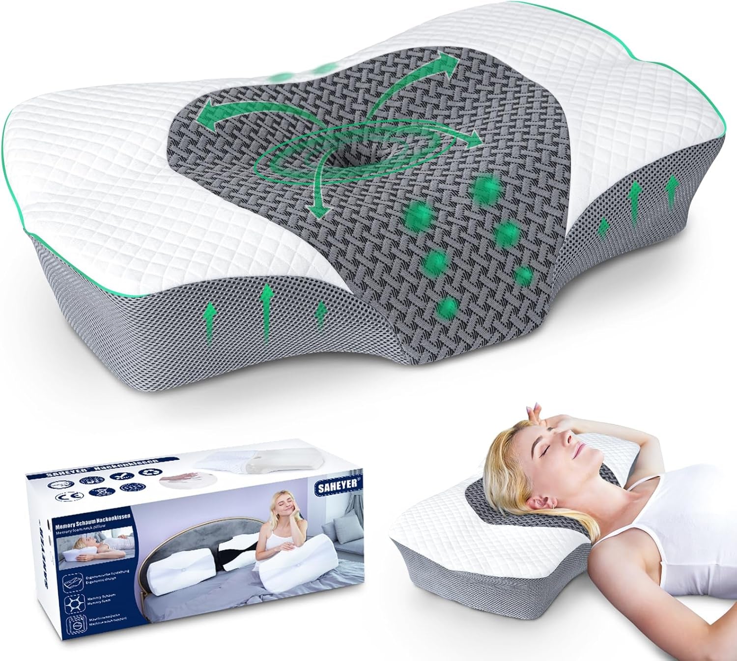 SAHEYER pernă ortopedică pernă de susținere a gâtului pernă pentru cap, pernă ergonomică pentru gât pernă pentru dormit lateral 60 X 40 X 13/11 cm pernă din spumă cu memorie pentru dormit lateral, spate și stomac Perne ortopedice cervicale Naty Shop Gri