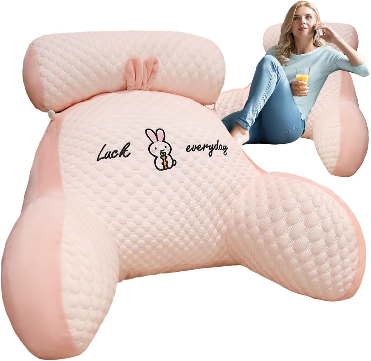 Pernă de citit, pernă de pat, pernă de spate extra mare pentru adulți 70x50cm pentru citit cu rolă detașabilă pentru gât și braț de susținere, pernă de citit confortabilă pentru pat și canapea (roz, extra mare)