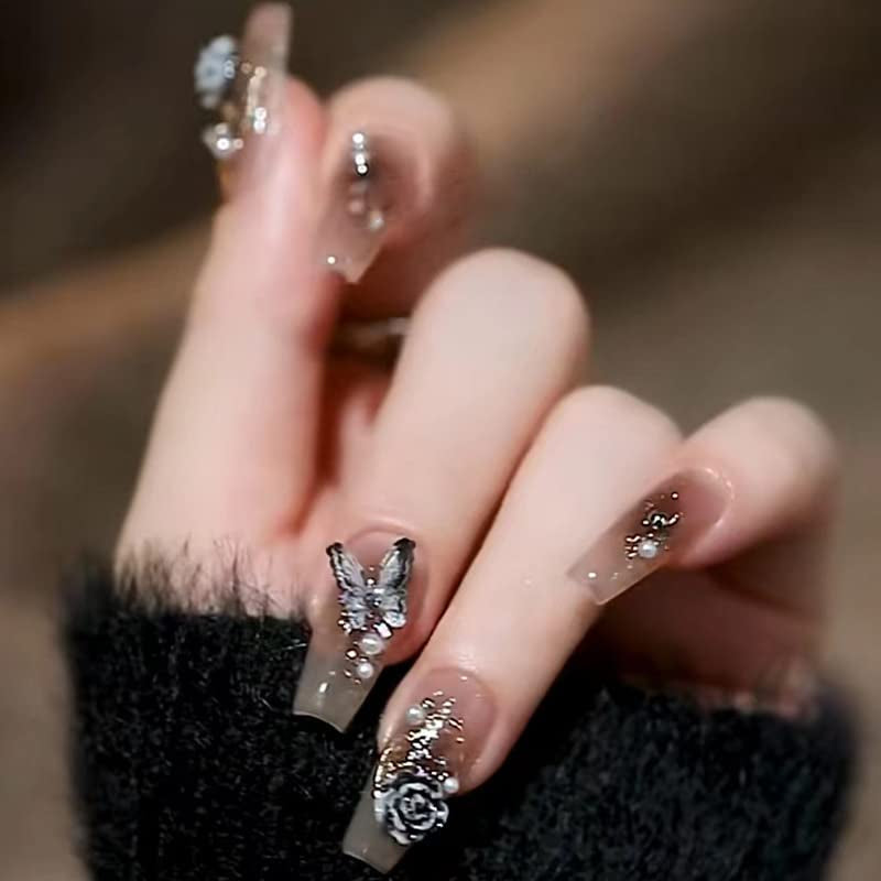 Mouyouglow 30 bucăți unghii false scurte, model floral cu dungi albe, culoare nud, model francez 3D, cu flori Y2K, cu lipici pentru unghii, vârfuri albe, flori argintii ondulate, vară, INS, unghii artificiale