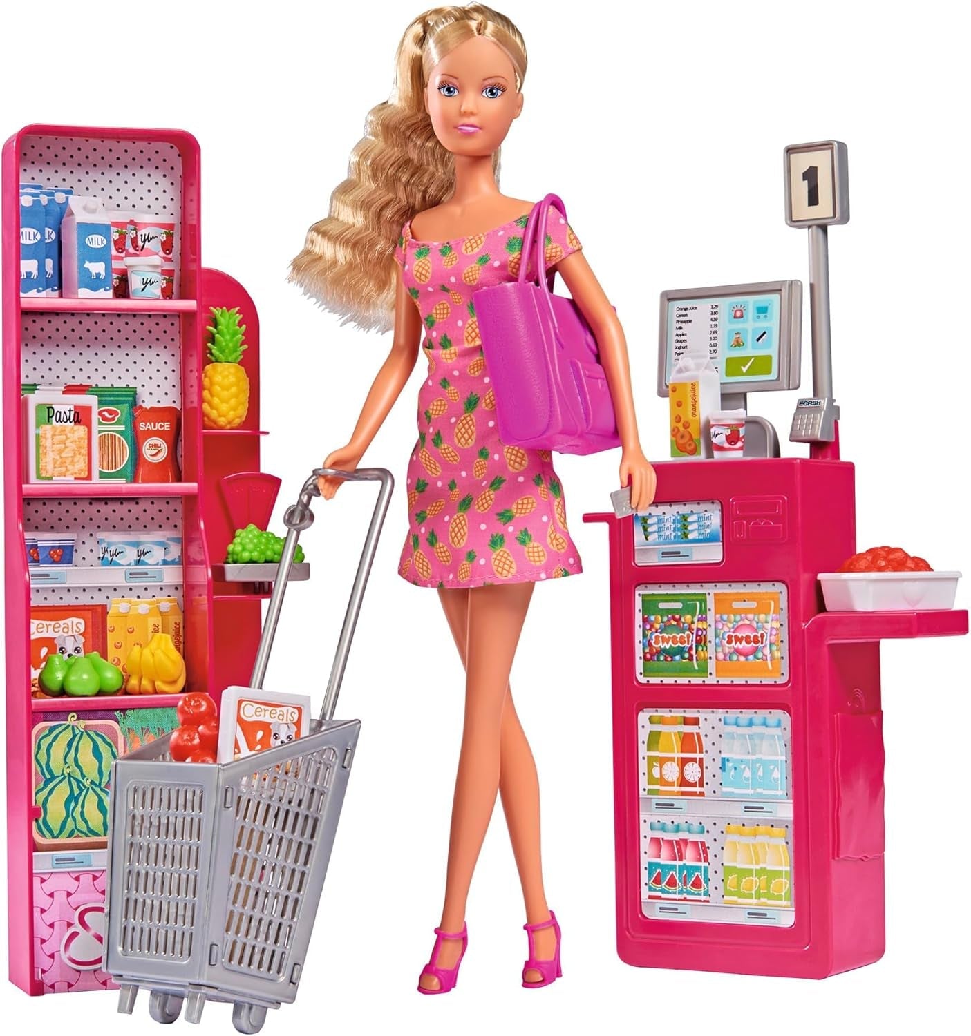 Simba 105733613 - Steffi Love Supermarket, Spielpuppe im Supermarkt mit Kasse, einkaufstasche und vielen Lebensmitteln, 29cm Puppe, ab 3 Jahren