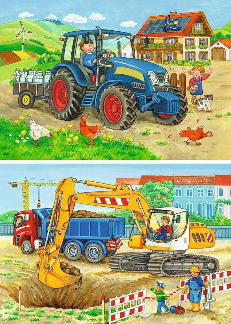 Ravensburger Puzzle pentru copii - 07616 Șantier de construcții și fermă - Puzzle pentru copii de la 3 ani, cu 2X12 piese Puzzle Naty Shop