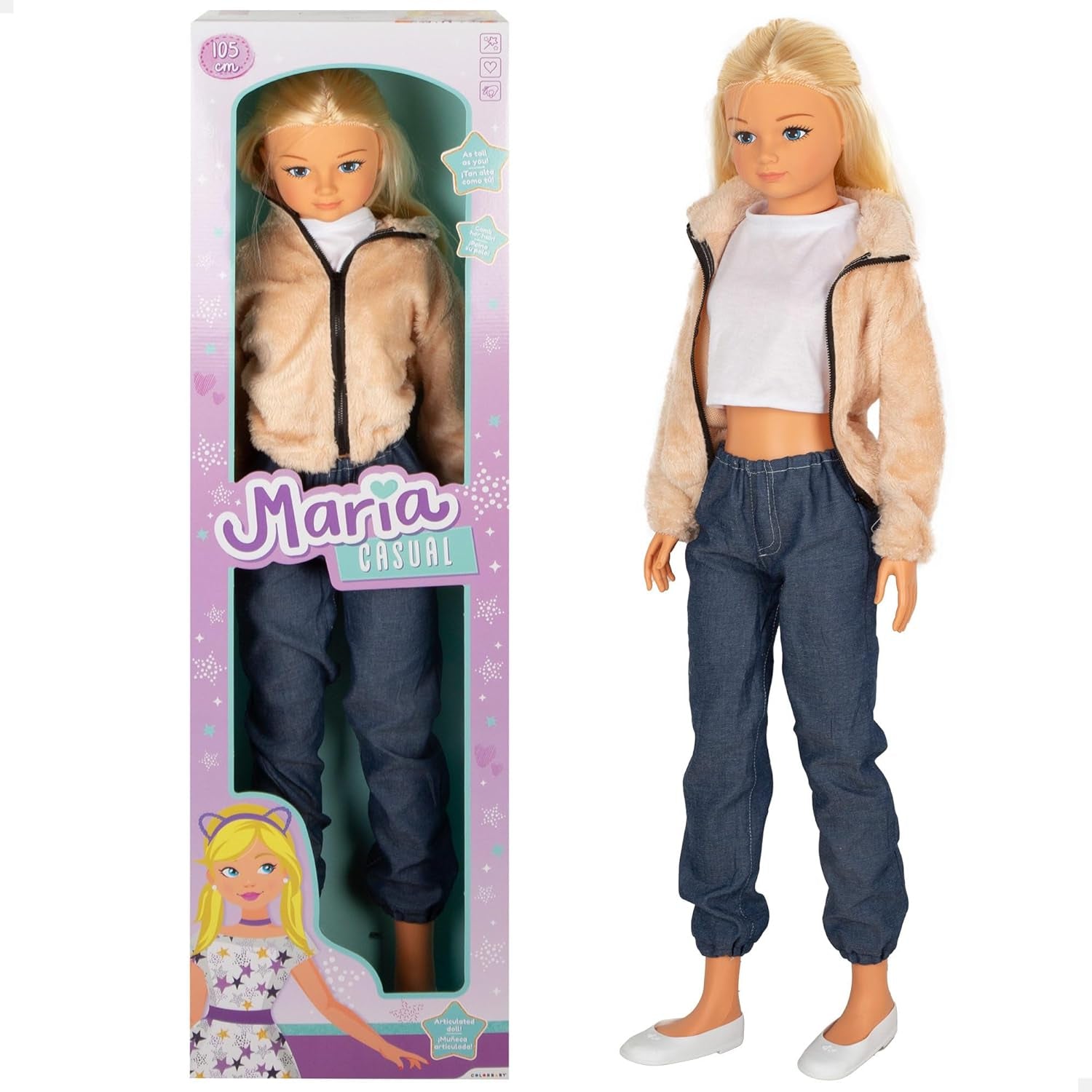 Păpușă Maria Casual mare cu fustă, 105 cm, accesorii incluse, păpuși pentru coafat, joc de rol, jucărie pentru copii, fete + 3 ani (39653)