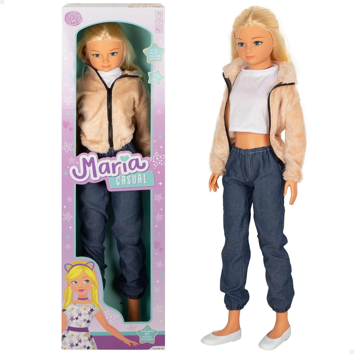 Păpușă Maria Casual mare cu fustă, 105 cm, accesorii incluse, păpuși pentru coafat, joc de rol, jucărie pentru copii, fete + 3 ani (39653)