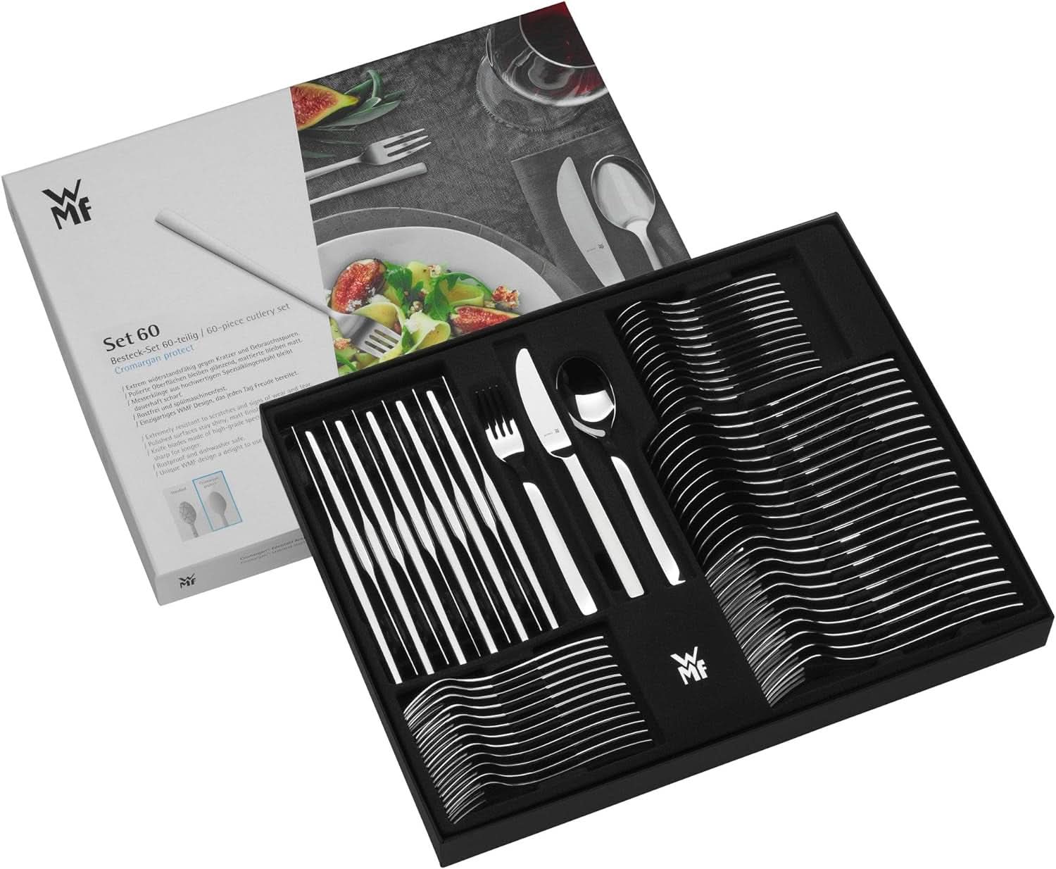 WMF Philadelphia set de tacâmuri pentru 12 persoane, 60 de piese, cuțite monobloc, oțel inoxidabil Cromargan Bucatarie Naty Shop