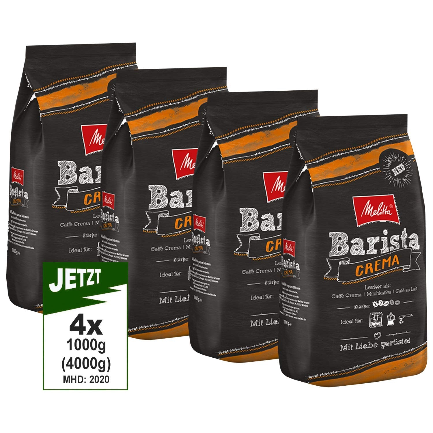 Melitta Barista Crema, Boabe de Cafea Întregi 4x 1000g (4000g) - cafea echilibrată, armonioasă