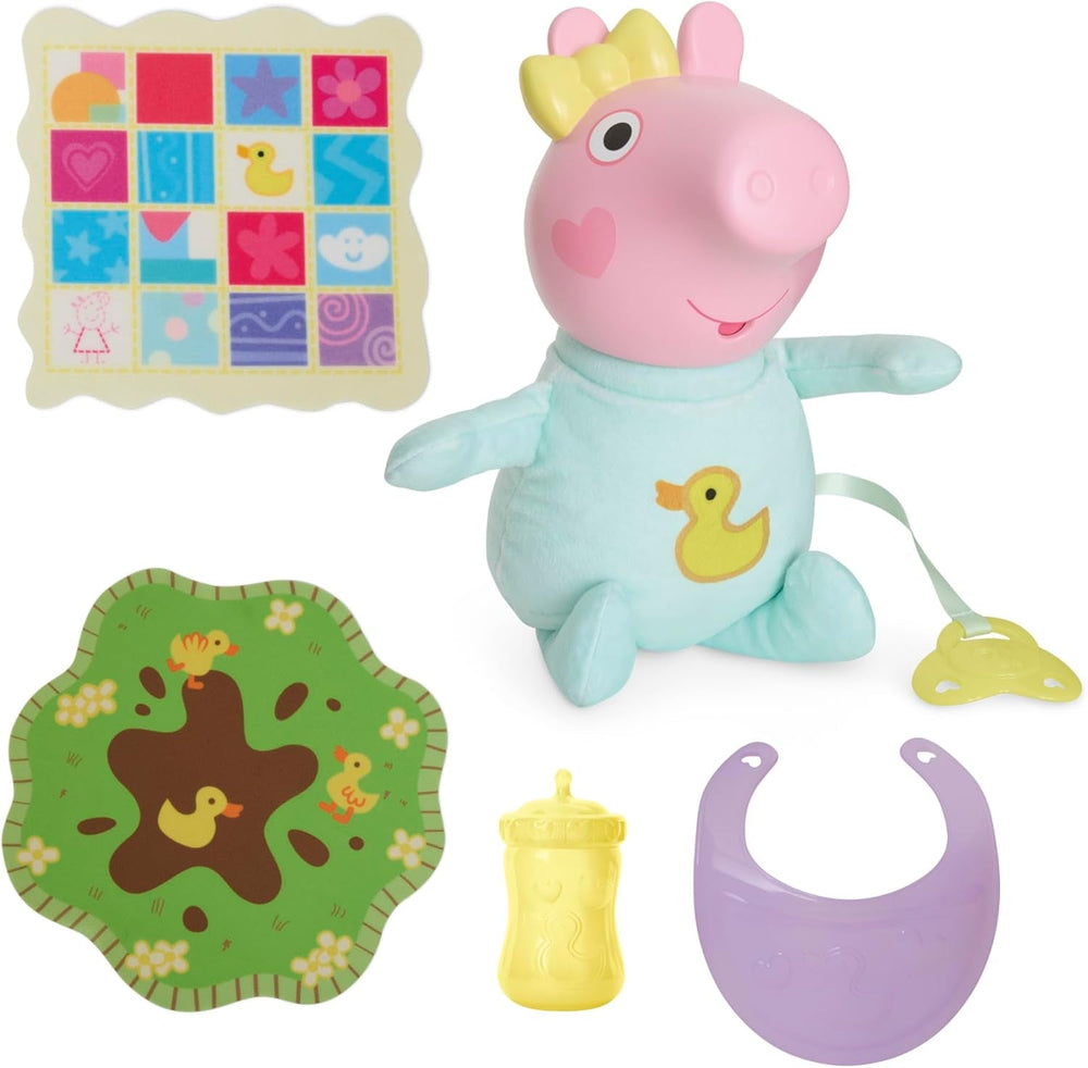 Peppa Pig Grunz und Kuschel Evie interaktive Babypuppe, 28 cm große Puppe für Mädchen mit 20 Geräuschen und vielen Funktionen, Spielzeug-Set für Kinder ab 3 Jahren
