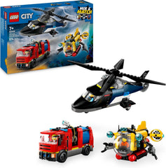 LEGO City Kombinationsset mit Hubschrauber, Löschauto und U-Boot und 3 Minifiguren - Baubare Spielzeug Fahrzeuge für Jungen und Mädchen ab 7 Jahren - Geschenk zum Geburtstag & für die Feiertage 60462