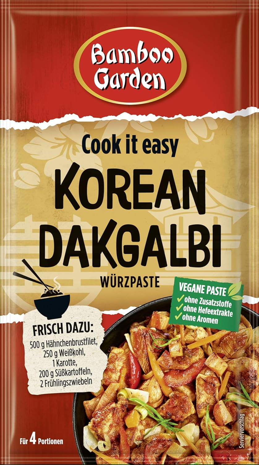 Bamboo Garden - Korean Dakgalbi Würzpaste | Zum Marinieren von Hühnchen, Gemüse und Tofu | Für 4 Portionen | Vegan, natürliche Zutaten | 50 g im Beutel