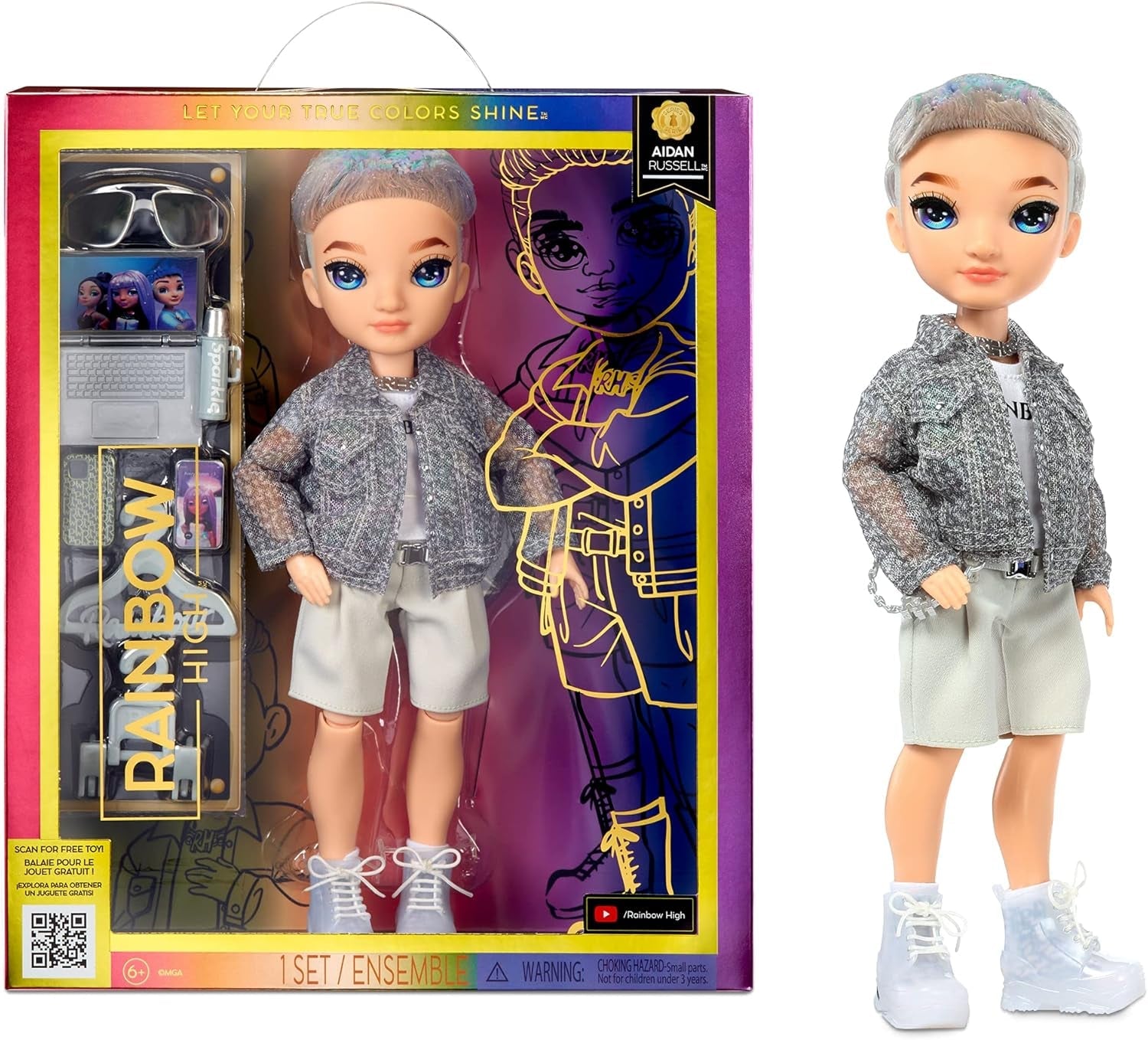 Păpușa Rainbow High Fashion – Aidan Russell – Păpușa Purple Boy – Ținută la modă și peste 10 accesorii de joacă colorate – Pentru colecționari și copii cu vârste cuprinse între 4 și 12 ani