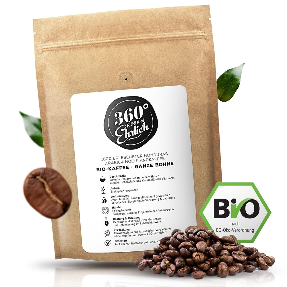 Premium Bio Kaffeebohnen 1000g, 100% Honduras Hochland Arabica Kaffeebohnen Bio - Köstlich, mild, säurearm - Bio Kaffee ganze Bohnen - Ideal als Kaffeebohnen Vollautomat - 360° Rundum Ehrlich
