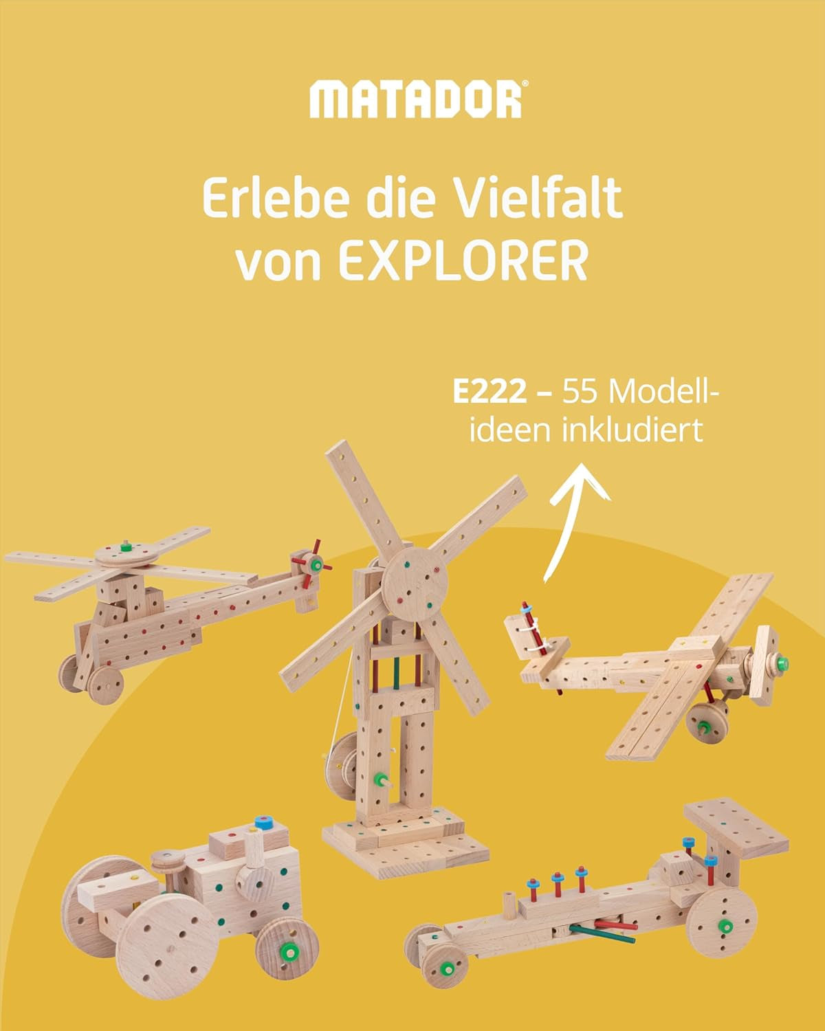 Matador Kinder Baukasten ab 5 Jahren 222-tlg. - Spannendes Holz Konstruktionsspielzeug zur Schulung von Kreativität und Feinmotorik, Bauspielzeug mit Stäbchen, Klötzen, Hammer & Zange