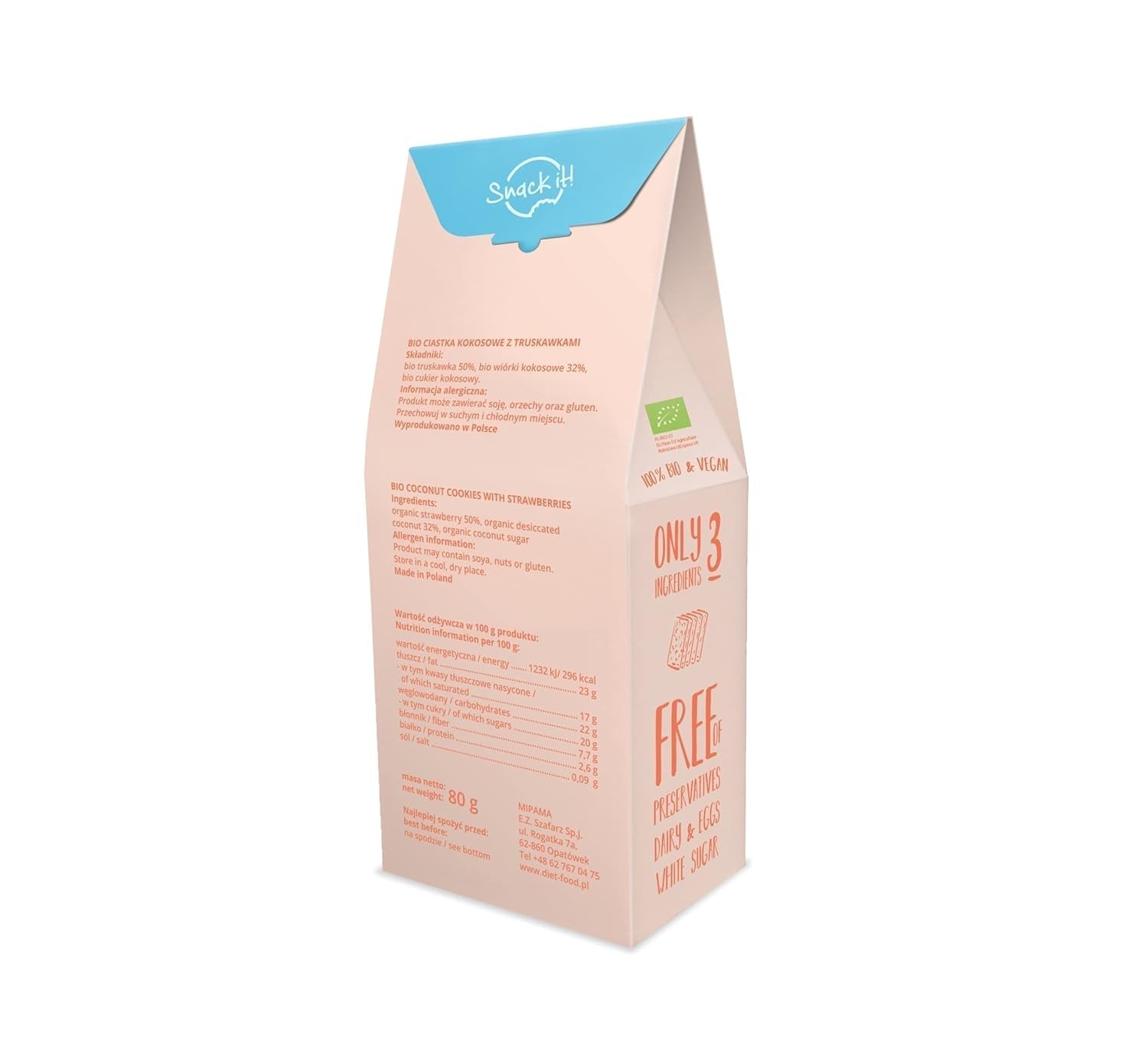 DIET-FOOD Fursecuri organice cu așchii de cocos și căpșuni Gustare sănătoasă Fursecuri delicioase pentru birou, fără conservanți 80 g (1 pachet)