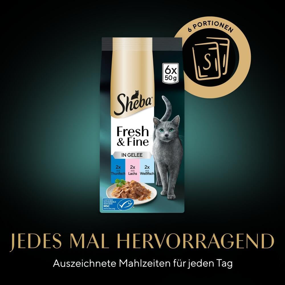 Sheba Portion Pouches Hrană umedă pentru pisici, pachet multiplu Fresh & Fine în jeleu cu ton și somon MSC, 6x6x50g - Mese sănătoase pentru pisici cu jeleu