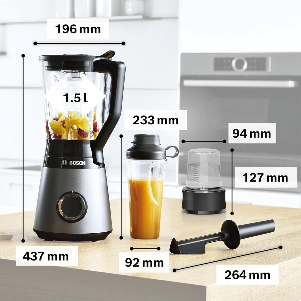 Bosch Standmixer Vitapower Serie 4 MMB6177S, Edelstahl-Klingen Made in Germany, 1,5L Thermosafe Glasbehälter, 0,6L To-Go-Flasche, Stopfer, Universalzerkleinerer, 30,000 U/Min, 1200 W, Silber Bucatarie Naty Shop