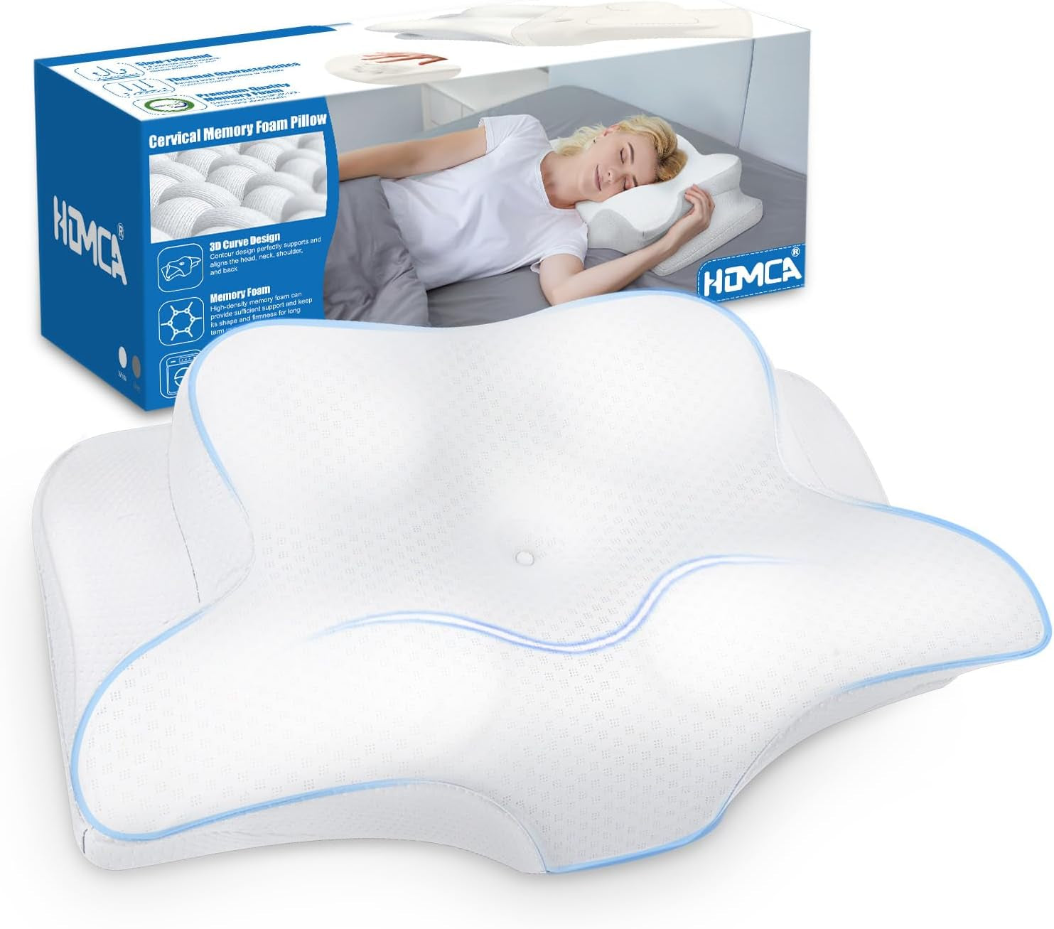 HOMCA Neck Pillow Pillow, Memory Foam Ergonomic Pillow 3D Cooling Pillow Cover For Supine, Side or Prone Position, 62 X 41 X 9.5/12.5 Cm Perne ortopedice cervicale Naty Shop Alb
