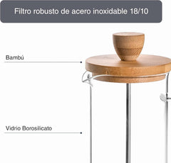 Cafetieră franceză, presă de cafea, aparat de cafea cu piston, ibric francez pentru cafea filtrată, 3 cești, 0,35 l, oțel și lemn
