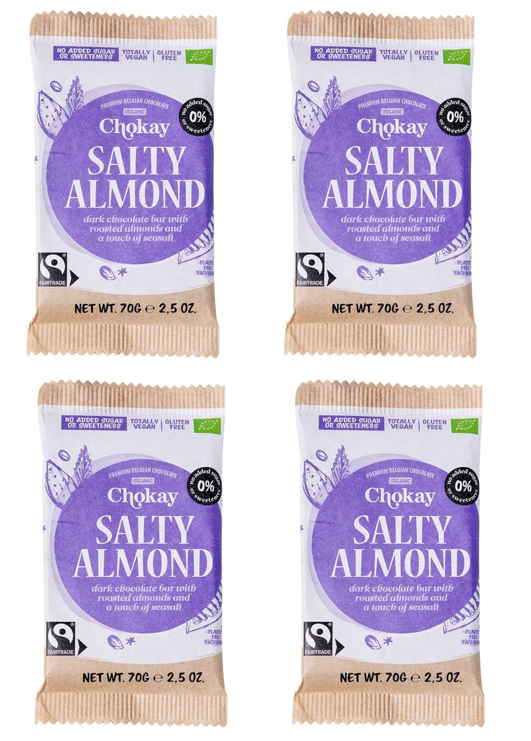 Baton Organic - Set de mostre cu 4 bucăți/Uimitor de negru, Alune de pădure, Caramel cu nuci pecan, Migdale sărate/Fără zahăr adăugat, fără îndulcitori/VEGAN, FĂRĂ GLUTEN ȘI COMERȚ ECHITABIL / 4 x 70g