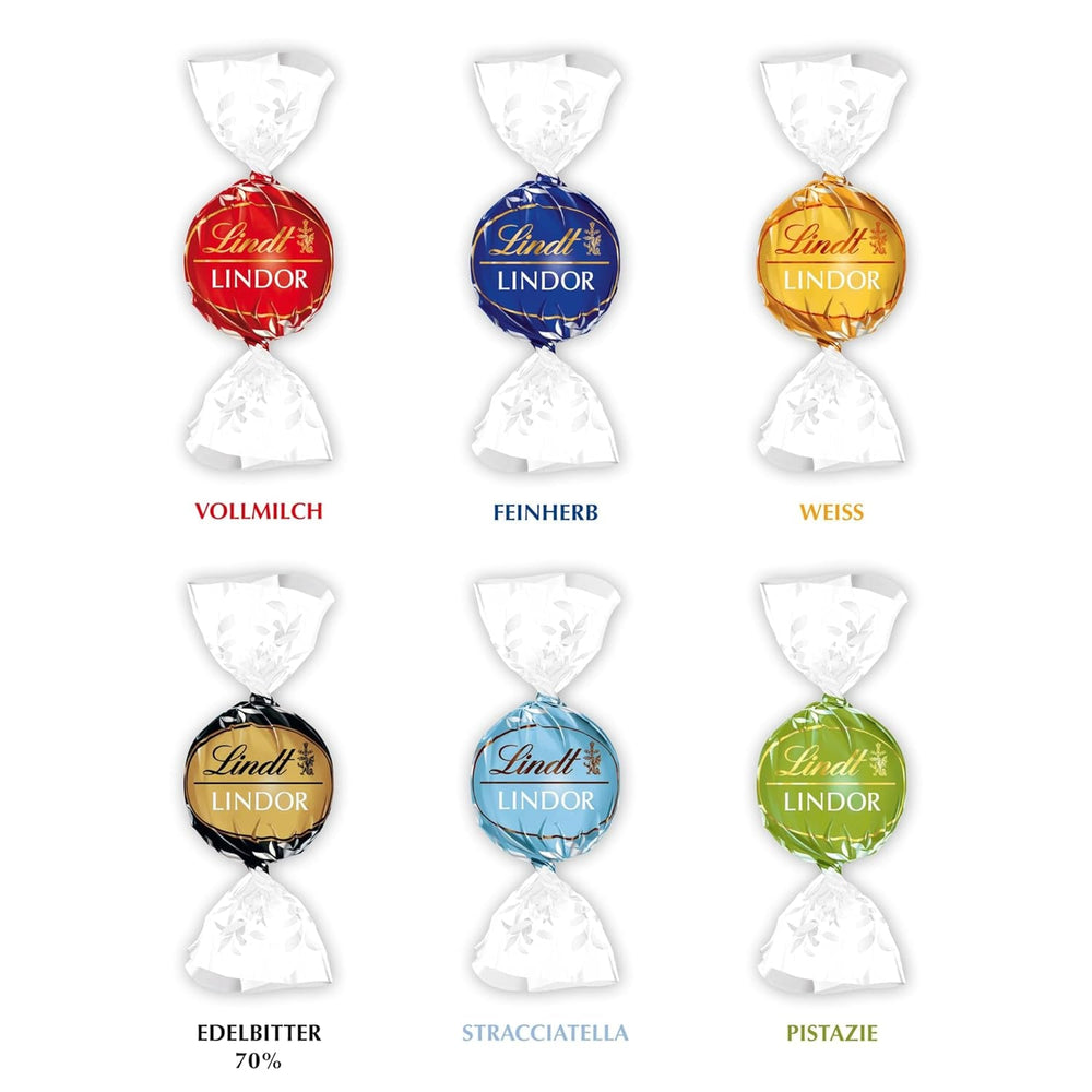 Lindt Ciocolată LINDOR, Vitrină de Tejghea | 1718 g | Aprox. 138 trufe în varietățile Lapte, Neagră 70%, Seminegră, Stracciatella, Albă, Fistic | Set Cadou Ciocolată | Cadou Ciocolată | Pachet Vrac