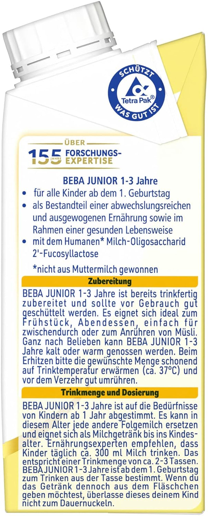 Băutură cu lapte gata de băut BEBA Junior 1-3 ani, cu HMO, conținut de proteine adecvat vârstei, fără ulei de palmier, fără ulei de pește, hrană pentru copii mici, pachet de 6 (6 x 200 ml)